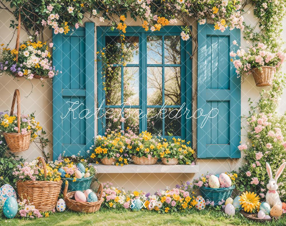 Kate Easter Bunny Floral Blue Window Backdrop Designed by Emetselch