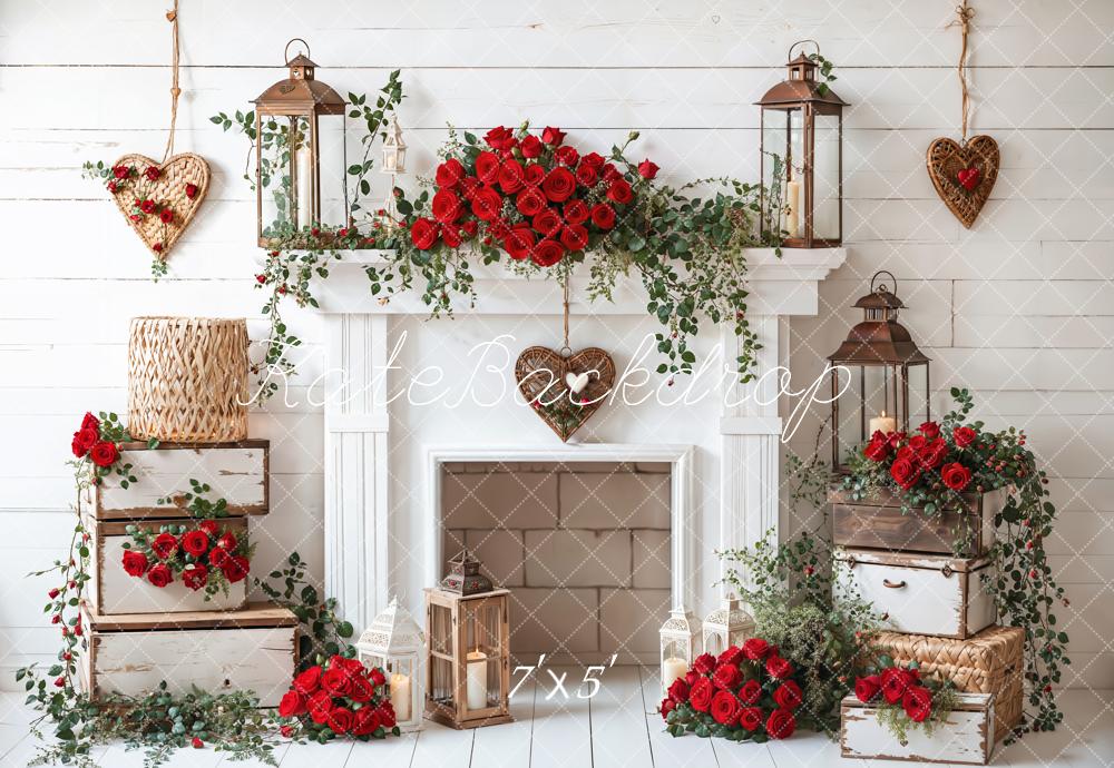 Kate Valentine Roses Fireplace Lantern Rustic Backdrop Designed by Emetselch