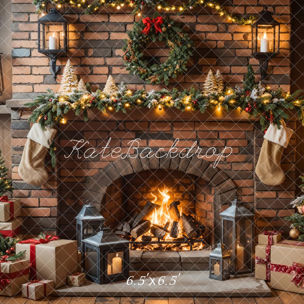 Kate Christmas Fireplace Tree Brick Wall Backdrop Designed by Emetselch