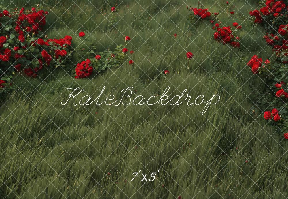 Kate Green Grass Red Roses Floor Backdrop Designed by Emetselch