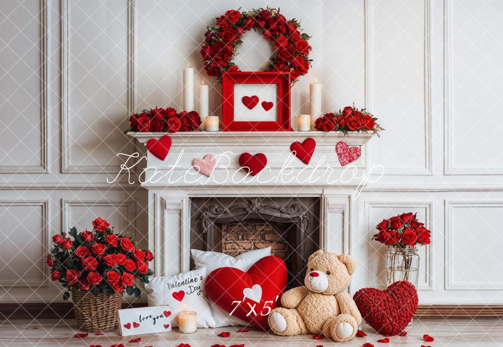 Kate Valentine Fireplace Teddy Bear Roses Backdrop Designed by Emetselch