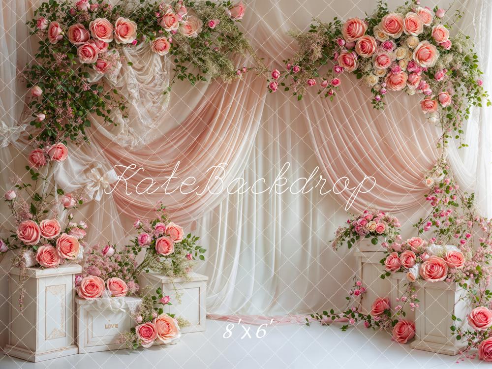 Kate Valentine Pink Floral Rose Curtain Backdrop Designed by Emetselch