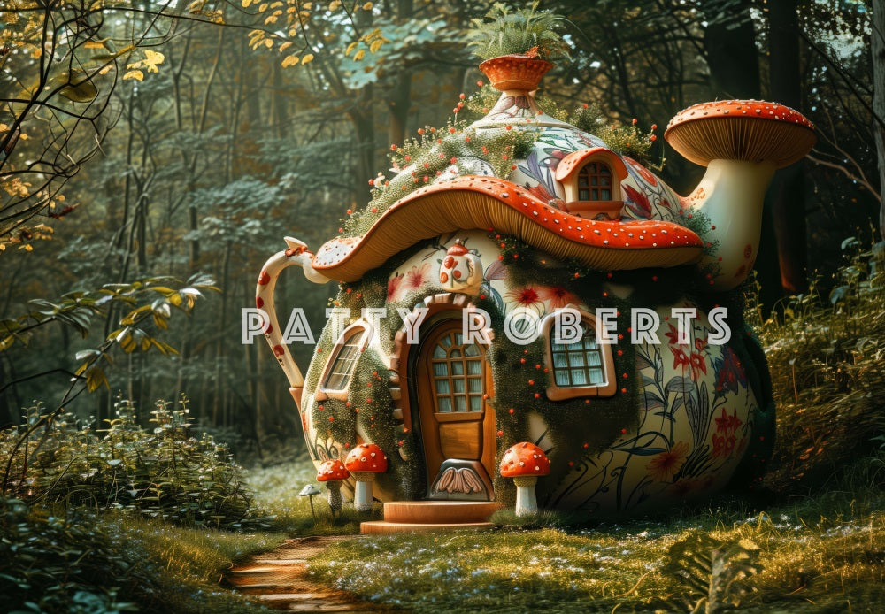 Magical Forest Dreamy Colorful Floral Mushroom Teapot Hut Foto Achtergrond Designed by Patty Robert