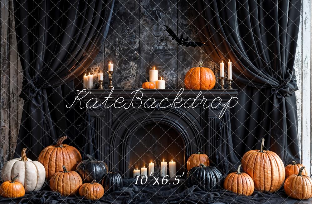 Kate Halloween Black Curtains Retro Fireplace Pumpkin Backdrop Designed by Emetselch