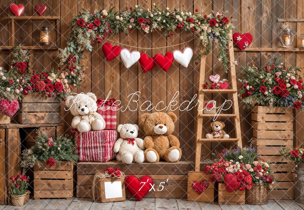 Osito de peluche de San Valentín fondo de madera floral diseñado por Emetselch