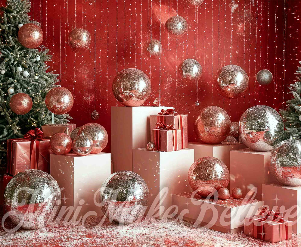 Christmas Retro Disco Silver Ball Red Wall Backdrop Designed by Mini MakeBelieve