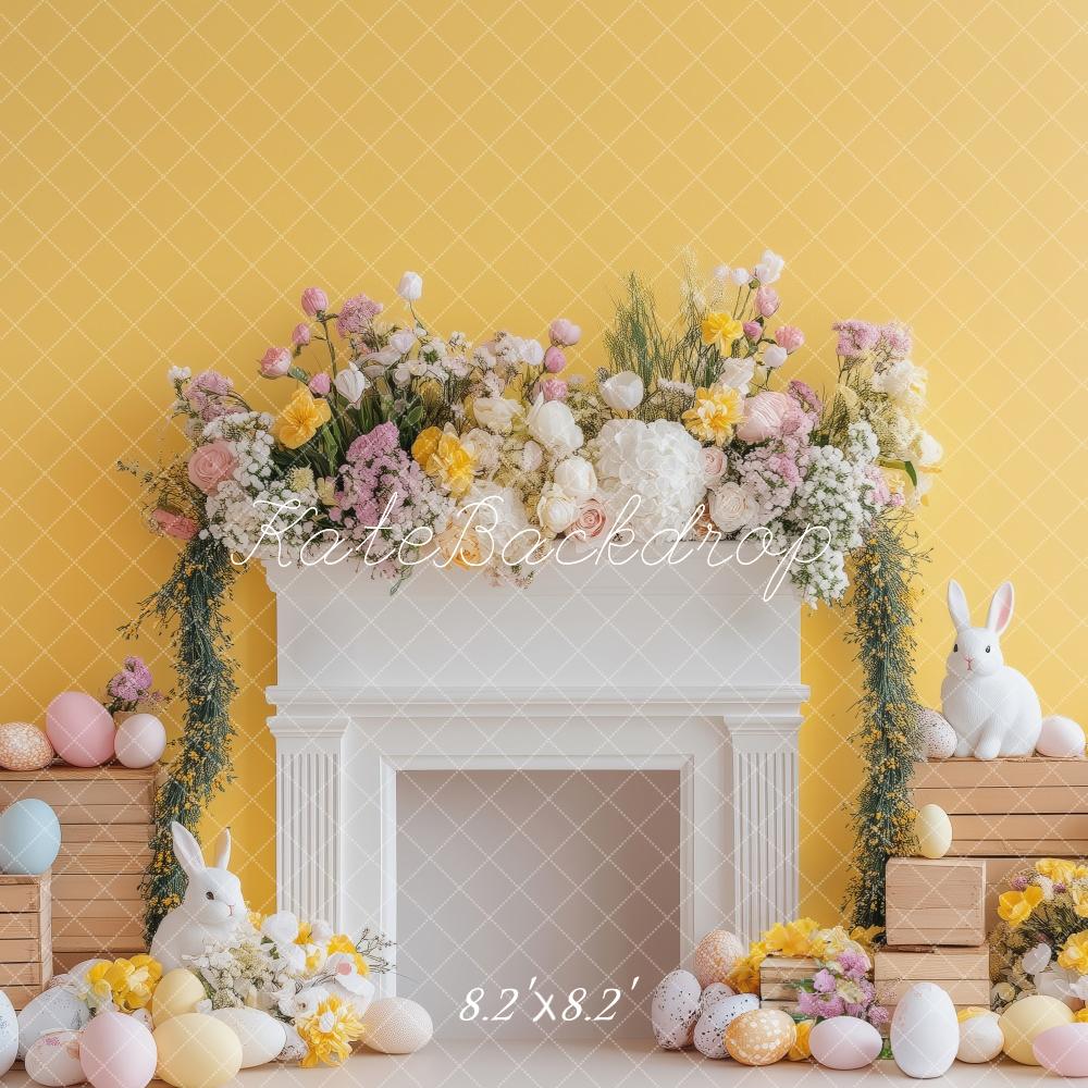 Kate Easter Bunny Floral Fireplace Yellow Backdrop Designed by Patty Roberts