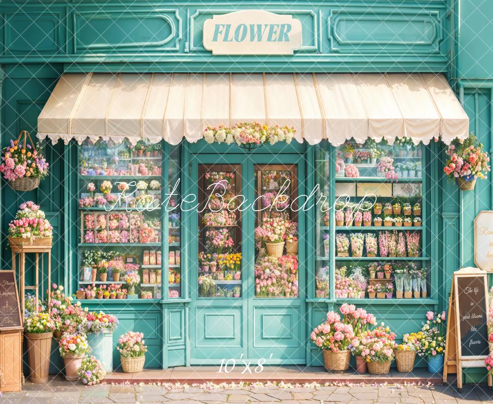 Kate Spring Blue Flower Shop Front Backdrop Designed by Emetselch