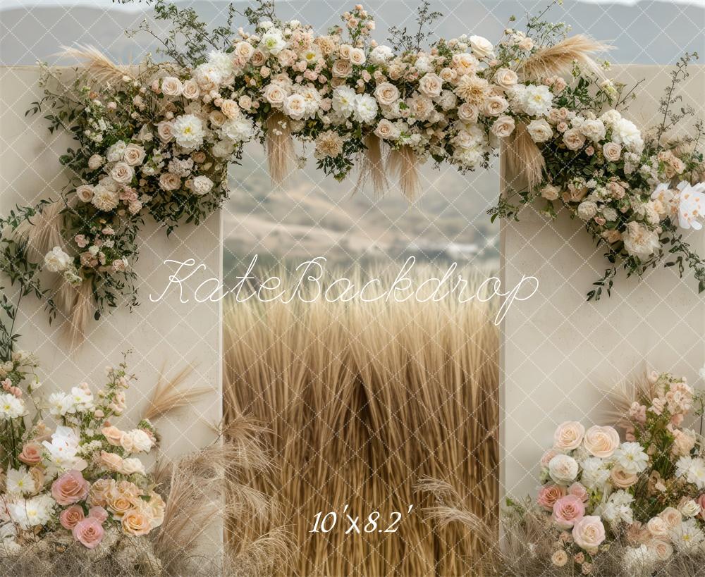 Kate Boho Flower Arch Wheat Field Backdrop Designed by Mini MakeBelieve