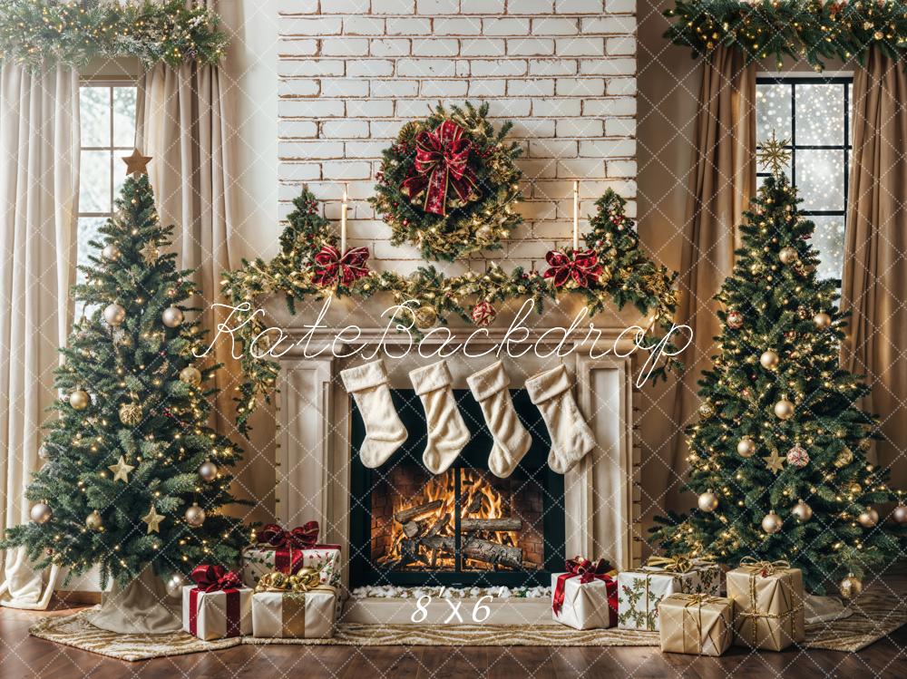 Kate Winter Christmas Tree White Retro Fireplace Backdrop Designed by Emetselch