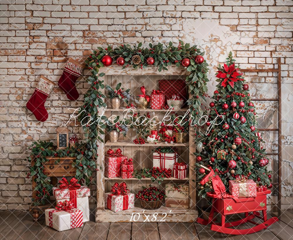 Kate Christmas Tree Retro Cabinets White Brick Wall Backdrop Designed by Emetselch