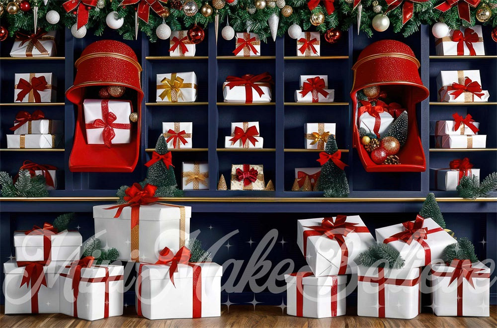 Kerst Indoor Cadeauwinkel Achtergrond Ontworpen door Mini MakeBelieve