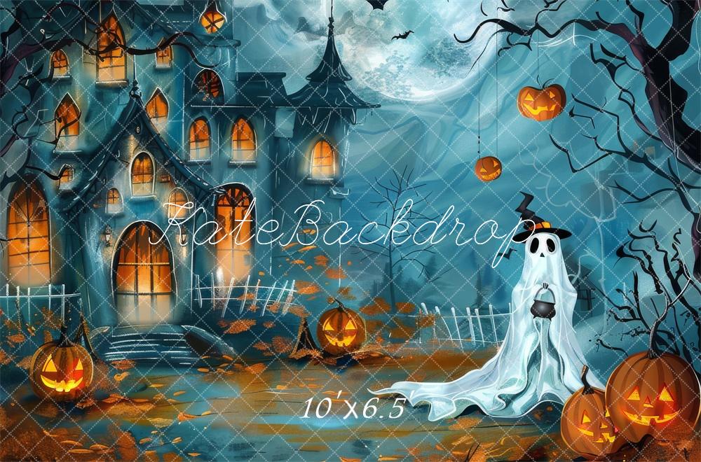 Halloween Cartoon Ghost Pumpkin Kasteel Foto Achtergrond Designed by Lidia Redekopp