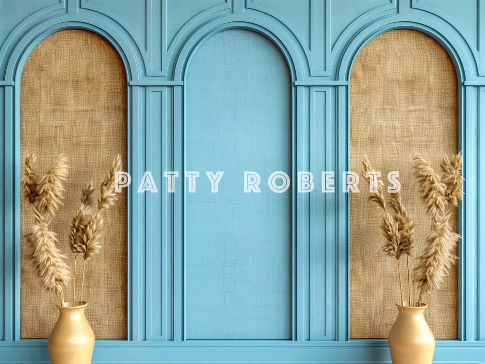 Kate Boho Blue and Brown Retro Arch Wall Backdrop Designed by Patty Robert