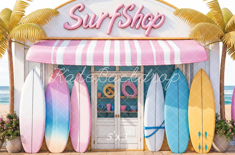 Zomer Zee Strand Kleurrijke Surf Winkel Foto Achtergrond Ontworpen door Emetselch