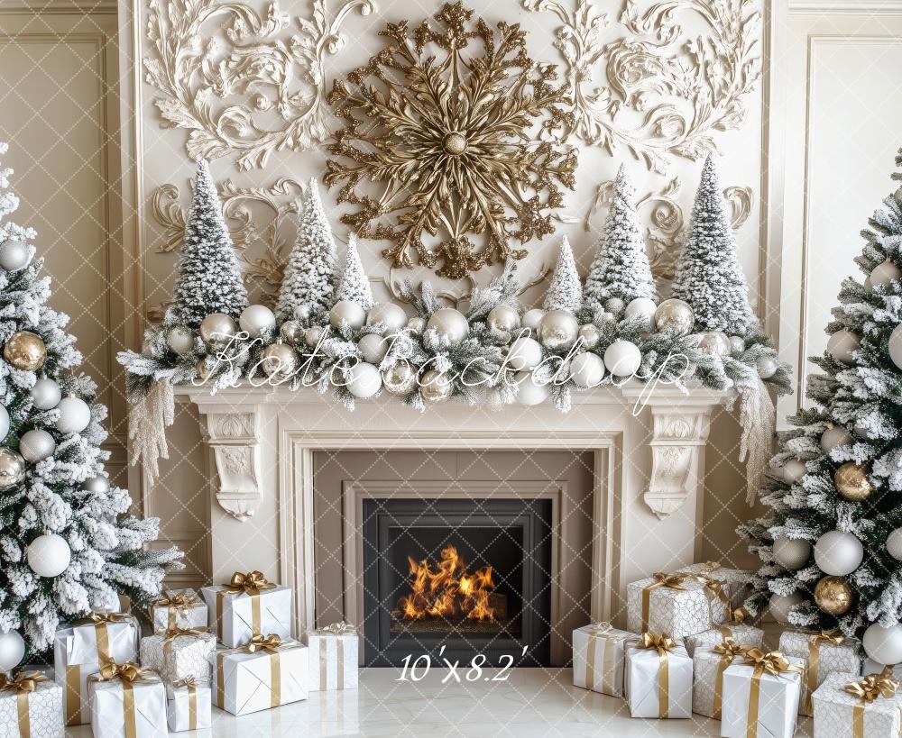 Kate Christmas Tree Elegant Snowy Fireplace Backdrop Designed by Patty Roberts