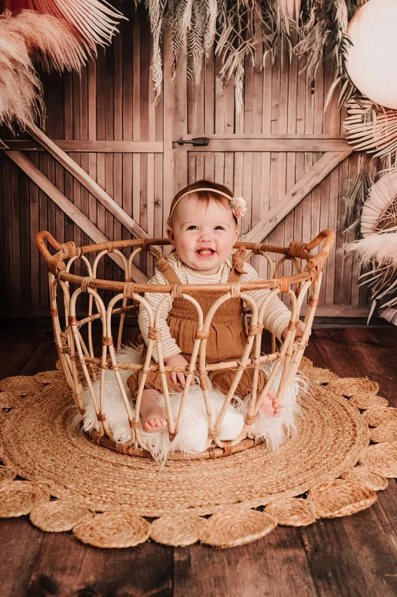 Kate Painterly Fine Art Boho Flower and Big Balloon Arch in Barn Cake Smash Birthday Backdrop Designed by Mini MakeBelieve