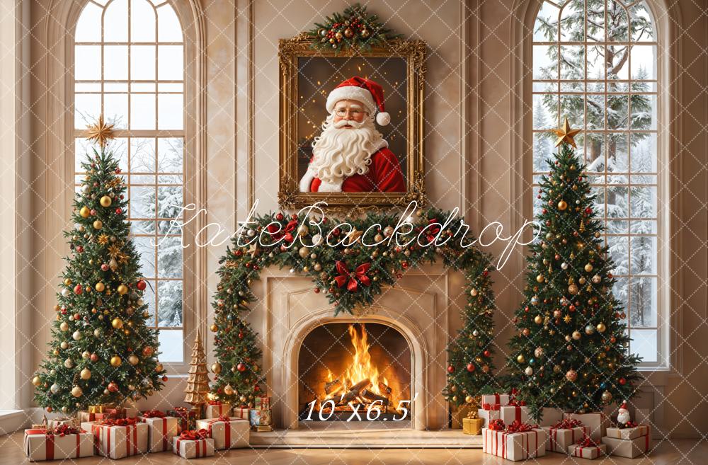 Kate Christmas Tree Fireplace Santa Claus Portrait Vintage Window Backdrop Designed by Emetselch