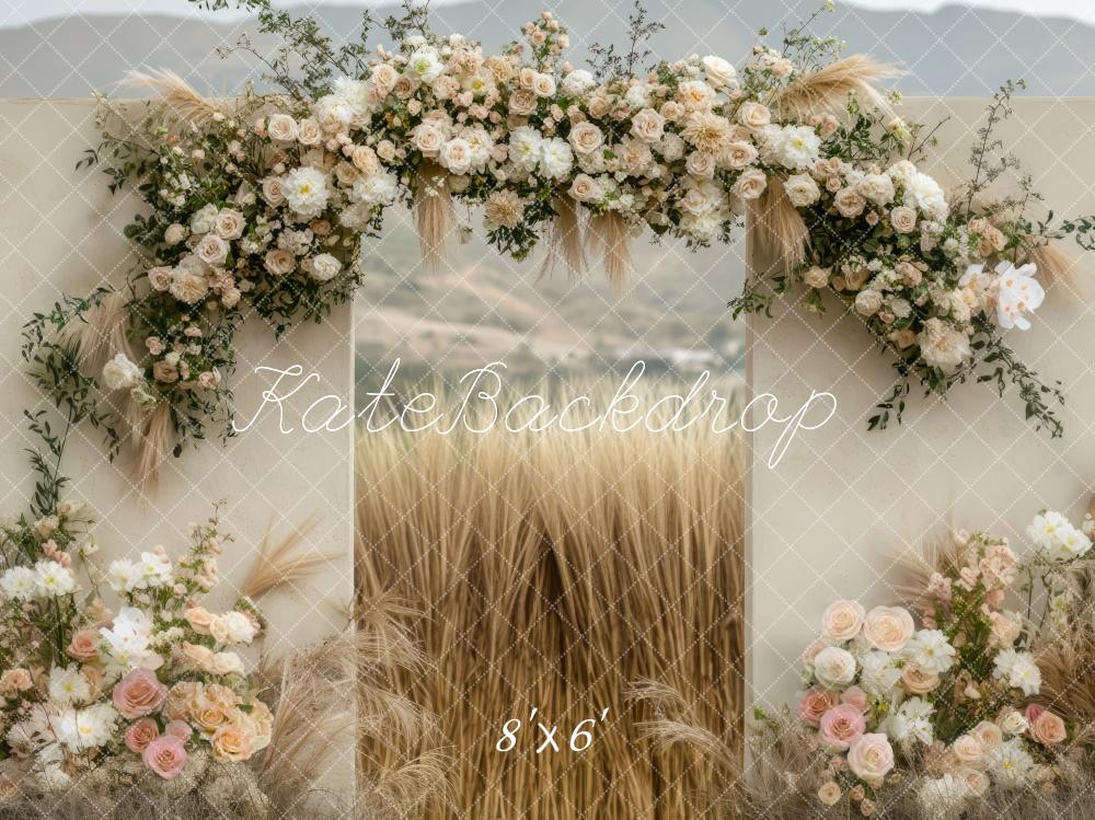 Kate Boho Flower Arch Wheat Field Backdrop Designed by Mini MakeBelieve