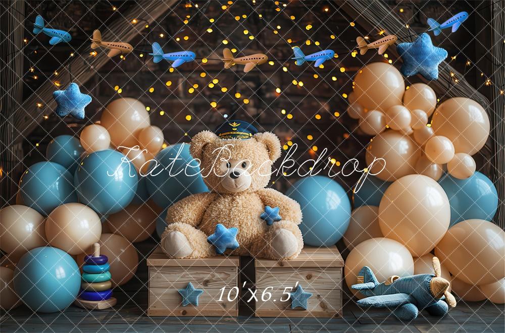 Kate Cake Smash Teddy Bear Airplane Pilot Balloon Backdrop Designed by Laura Bybee