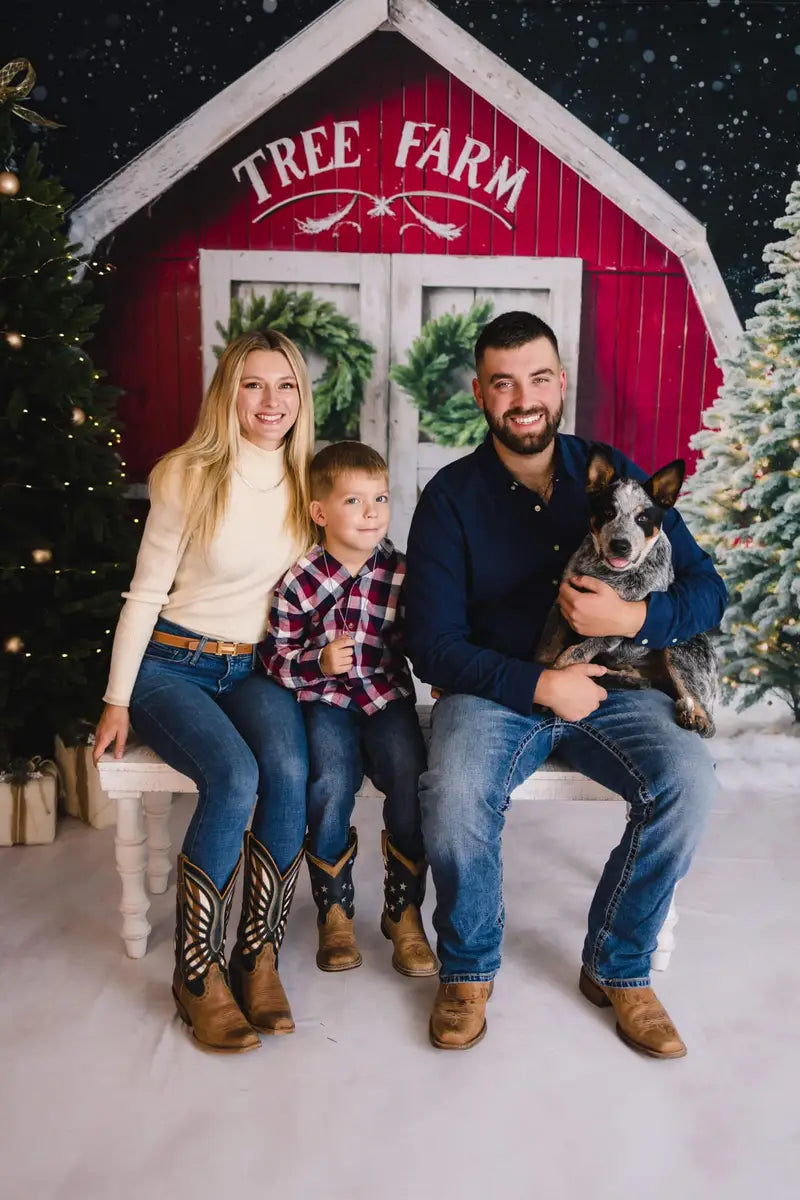 Kate Winter Christmas Tree Farm Red Barn Backdrop Designed by Chain Photography