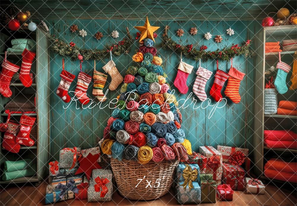 Kate Colorful Christmas Tree And Stockings With Retro Wooden Wall Backdrop Designed by Laura Bybee