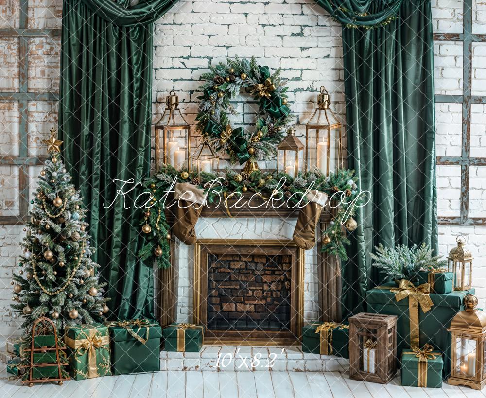 Kate Christmas Green Curtains Fireplace White Walls Backdrop Designed by Emetselch