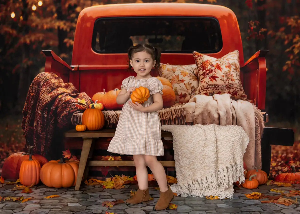 Kate Pet Autumn Forest Maple Leaf Pumpkin Dark Orange Truck Backdrop Designed by Emetselch