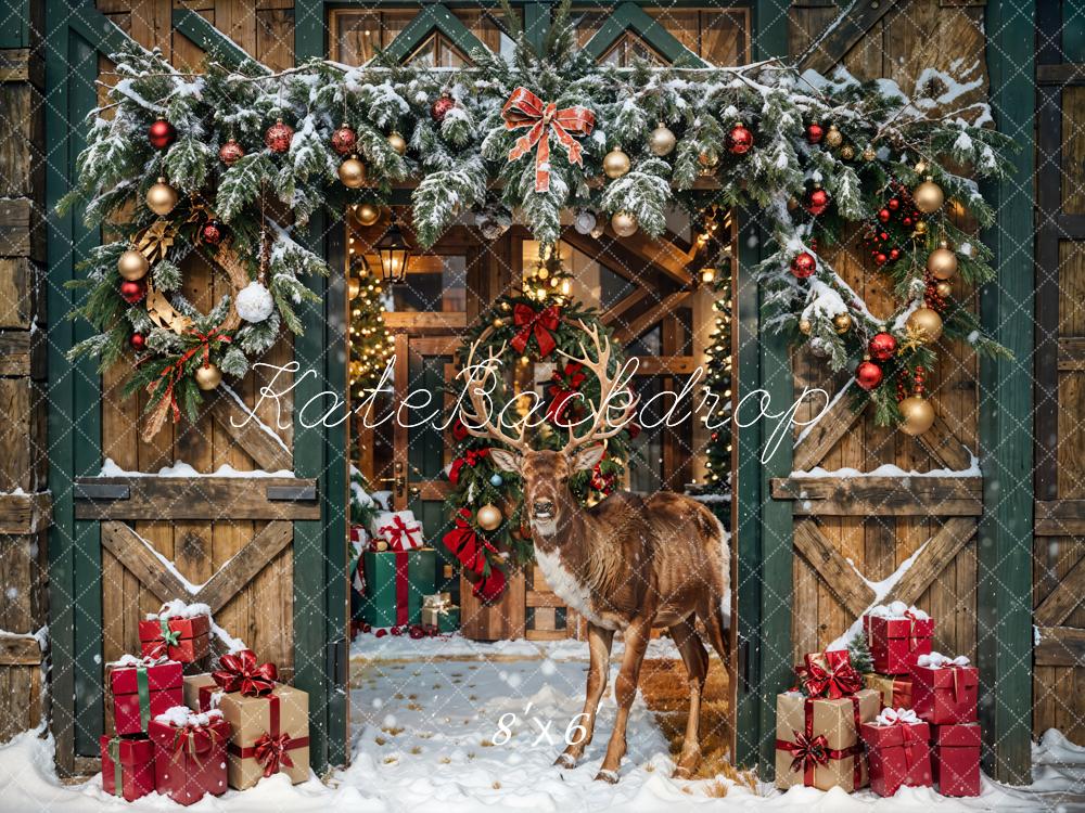 Kate Christmas Elk Brown Wooden Barn Backdrop Designed by Emetselch