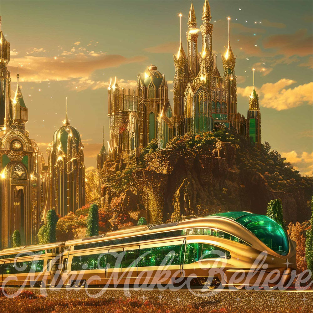 Fantasy Retro Kasteel Groene Gemene Smaragd Moderne Treinachtergrond Ontworpen door Mini MakeBelieve