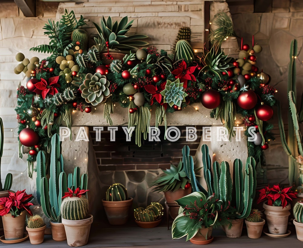 Fondo de chimenea de ladrillo verde de cactus salvaje del oeste de Navidad diseñado por Patty Robert