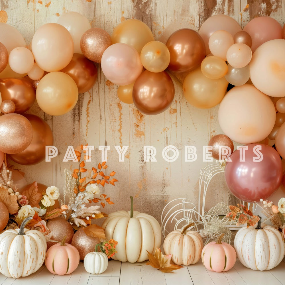 Kate Cake Smash Boho Fall Balloon Arch Pumpkins Backdrop Designed by Patty Robert