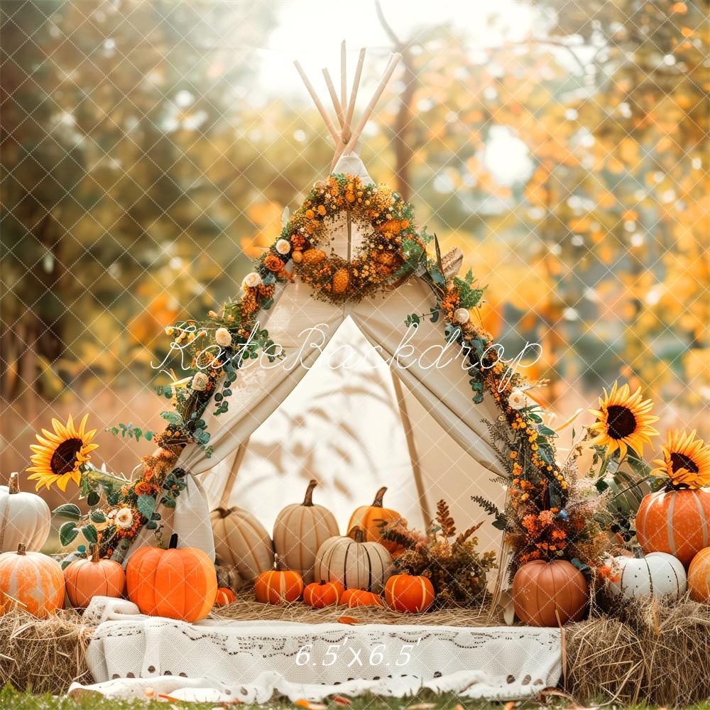 Kate Fall White Teepee With Sunflowers And Pumpkins Backdrop Designed by Patty Robert