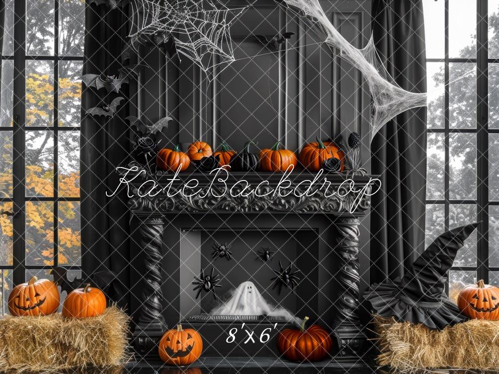 Kate Halloween Pumpkins Fireplace Cobwebs With Black Wall Backdrop Designed by Mini MakeBelieve