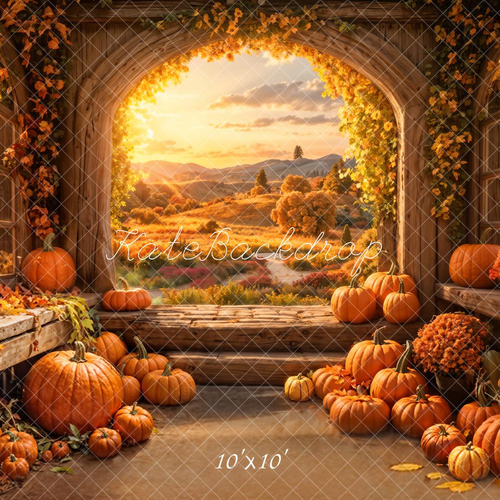 Fall Indoor Golden Pumpkin Barn Arch Window Foto Achtergrond Designed by Emetselch