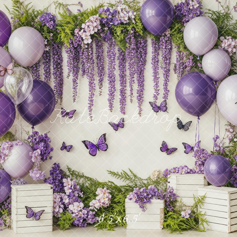 Kate Cake Smash Purple Balloon Floral Butterflies Backdrop Designed by Emetselch