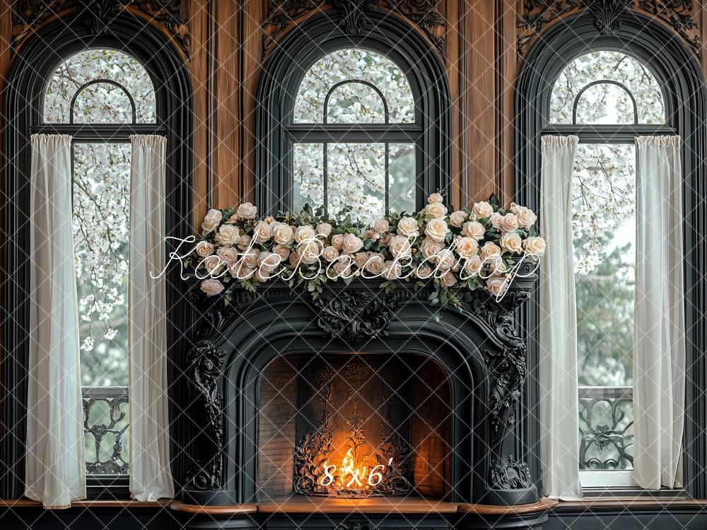 Fondo Floral Negro Elegante de Chimenea de Primavera diseñado por Mini MakeBelieve