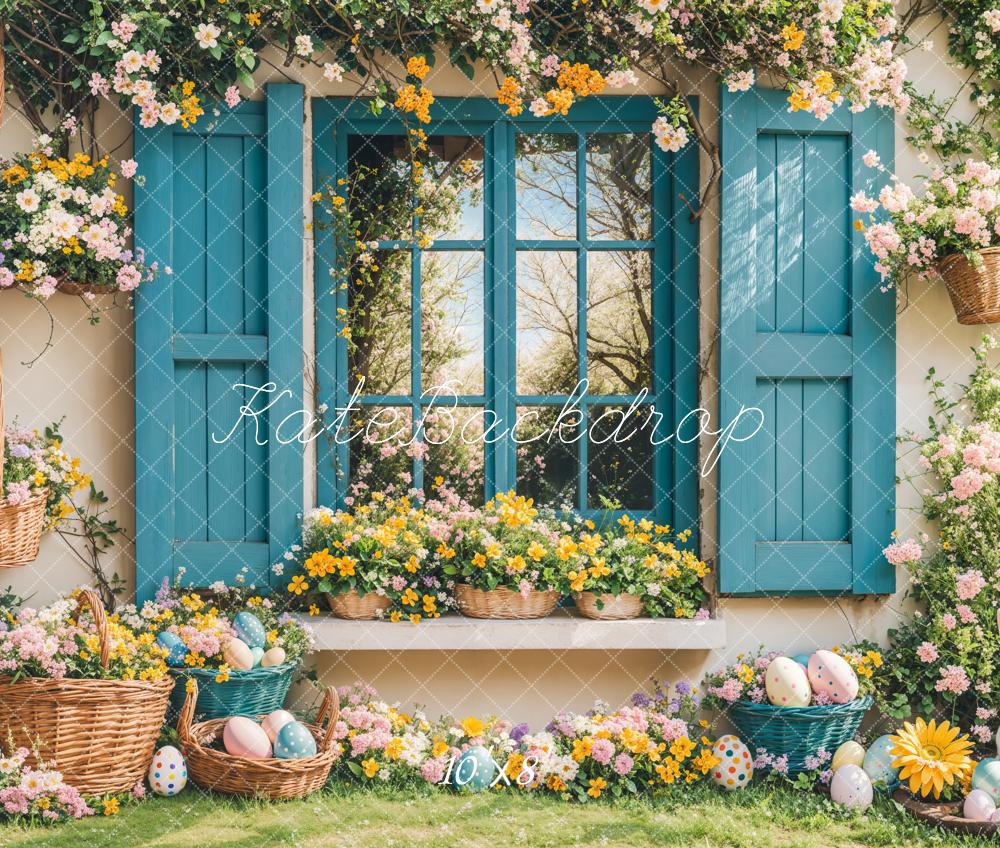 Kate Easter Bunny Floral Blue Window Backdrop Designed by Emetselch