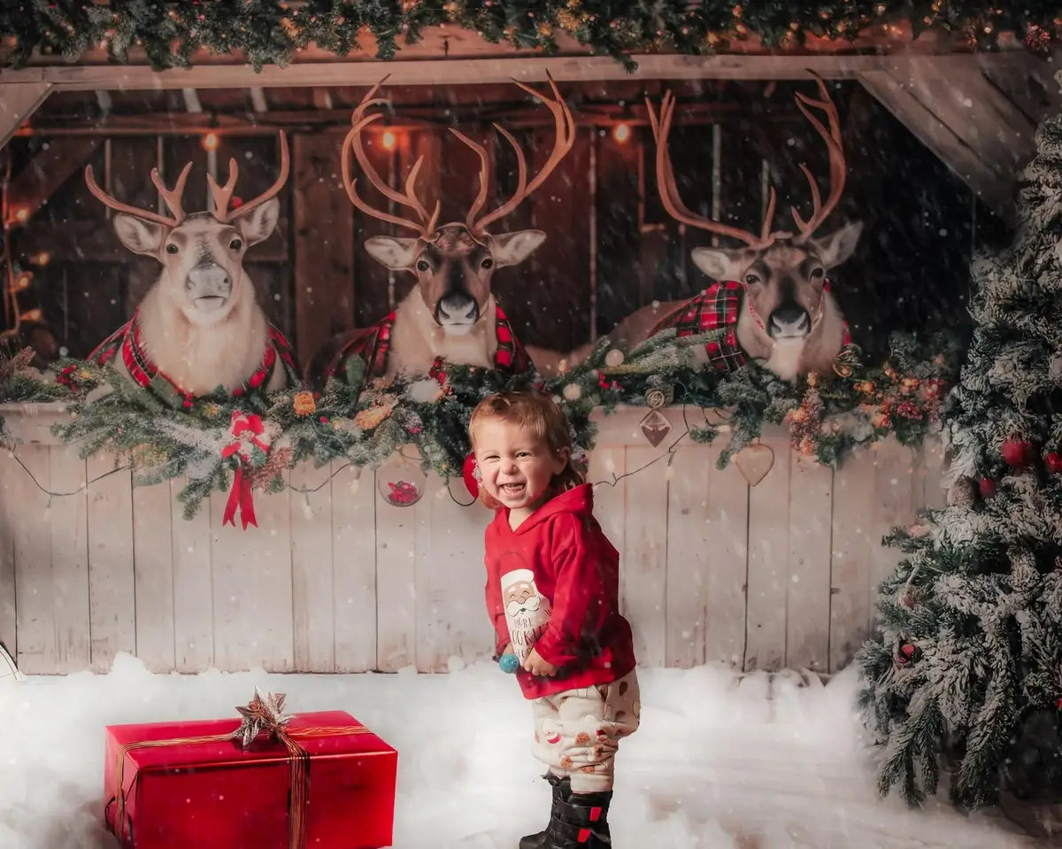 Kate Christmas White Reindeer Stall Backdrop Designed by Mini MakeBelieve