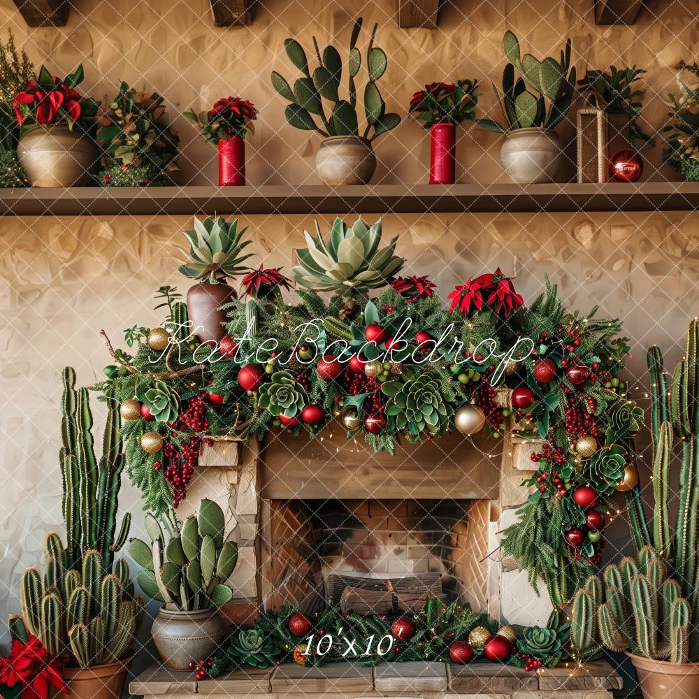 Rustic Kerst Cactus Haard Foto Achtergrond Designed by Patty Roberts