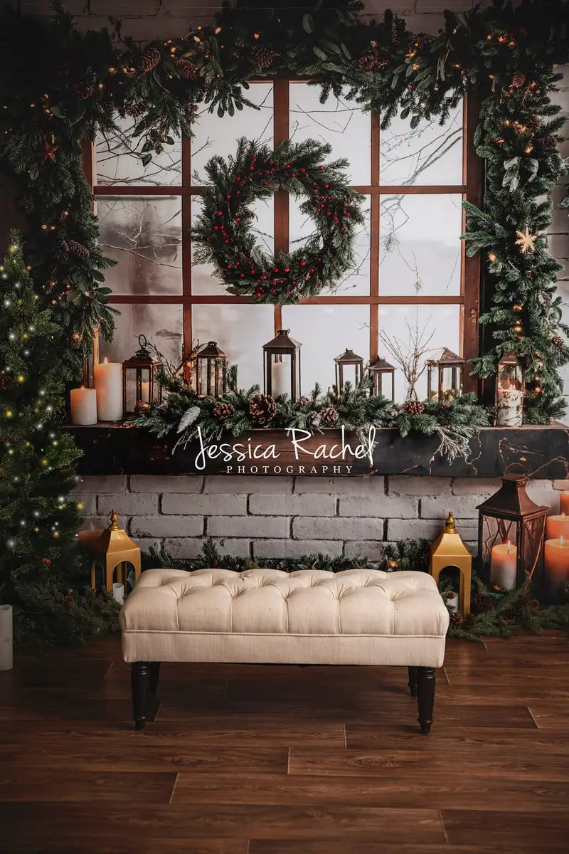 Kate Christmas Framed Window White Brick Wall Backdrop Designed by Emetselch