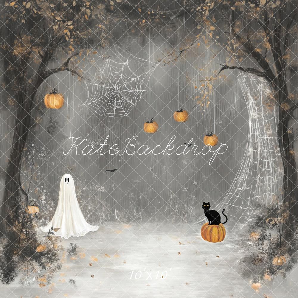 Kate Halloween Cartoon Ghost and Spider Web Backdrop Designed by Lidia Redekopp