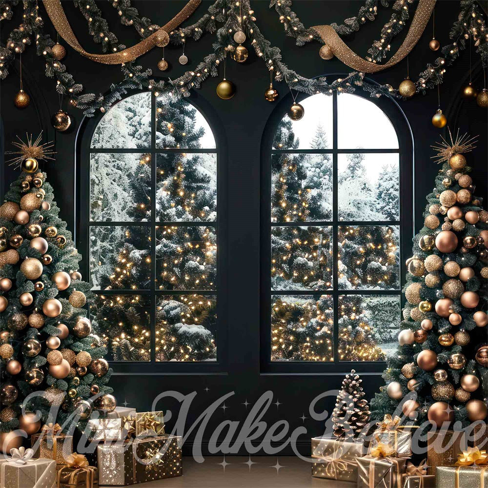 Winter Kerst Binnen Zwarte Boogvormige Raamachtergrond Ontworpen door Mini MakeBelieve