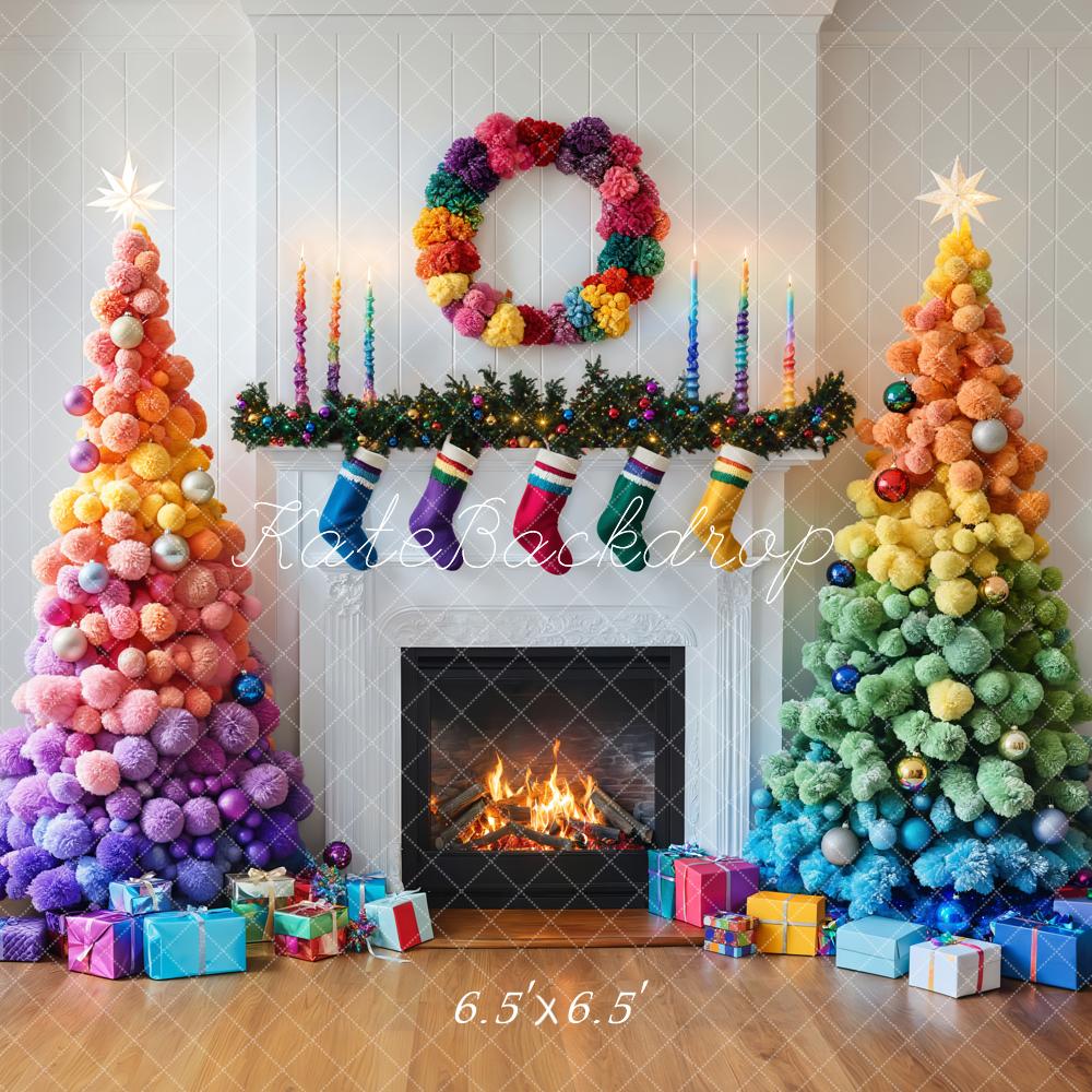 Kate Colorful Christmas Trees Fireplace Backdrop Designed by Emetselch