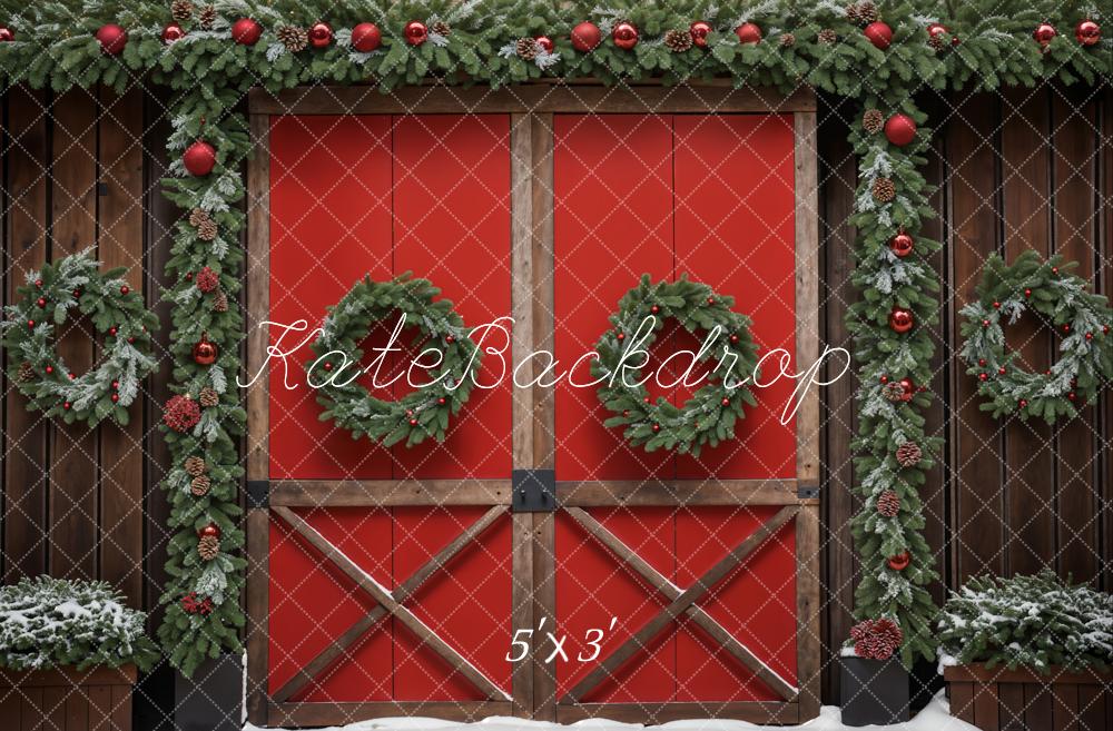 Kate Christmas Green Wreath Red Barn Door Backdrop Designed by Emetselch