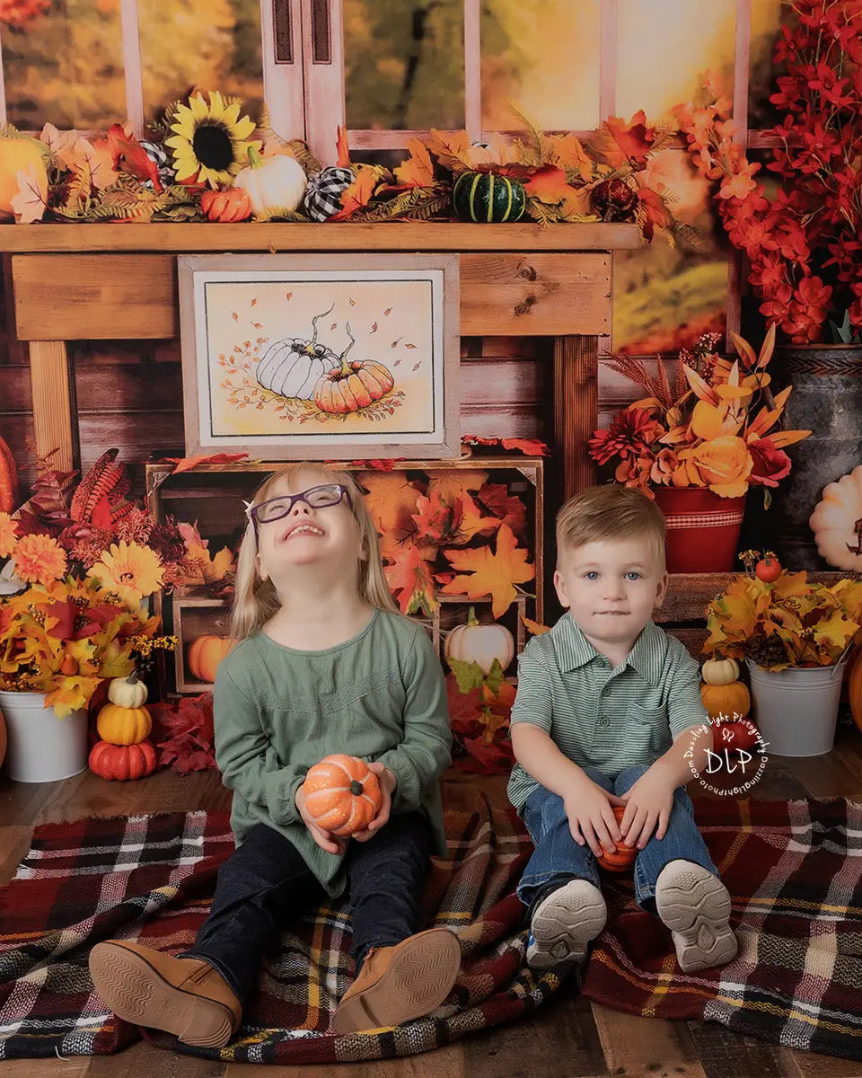 Kate Fall Backdrop Pumpkin Halloween Thanksgiving Sunflower Window Designed by Uta Mueller Photography