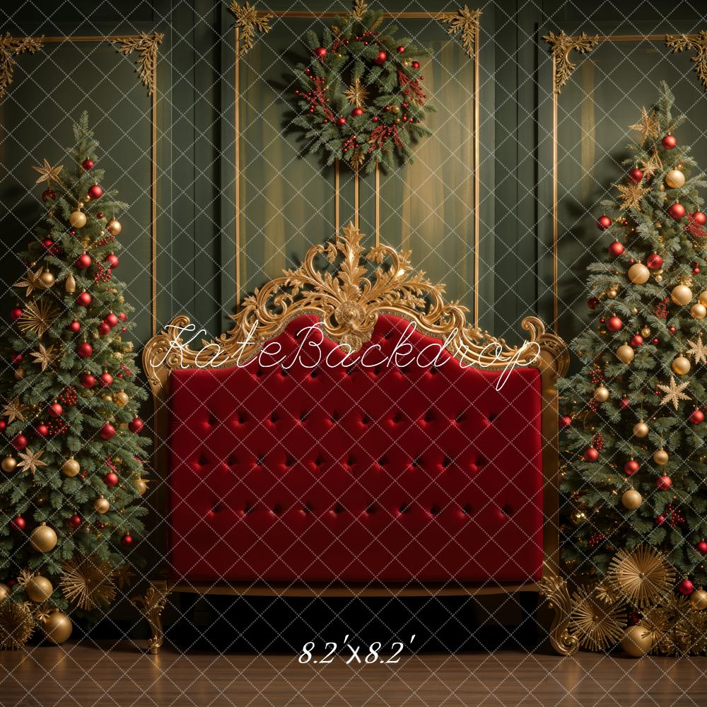 Kate Christmas Tree Red Headboard Dark Green Retro Wall Backdrop Designed by Emetselch