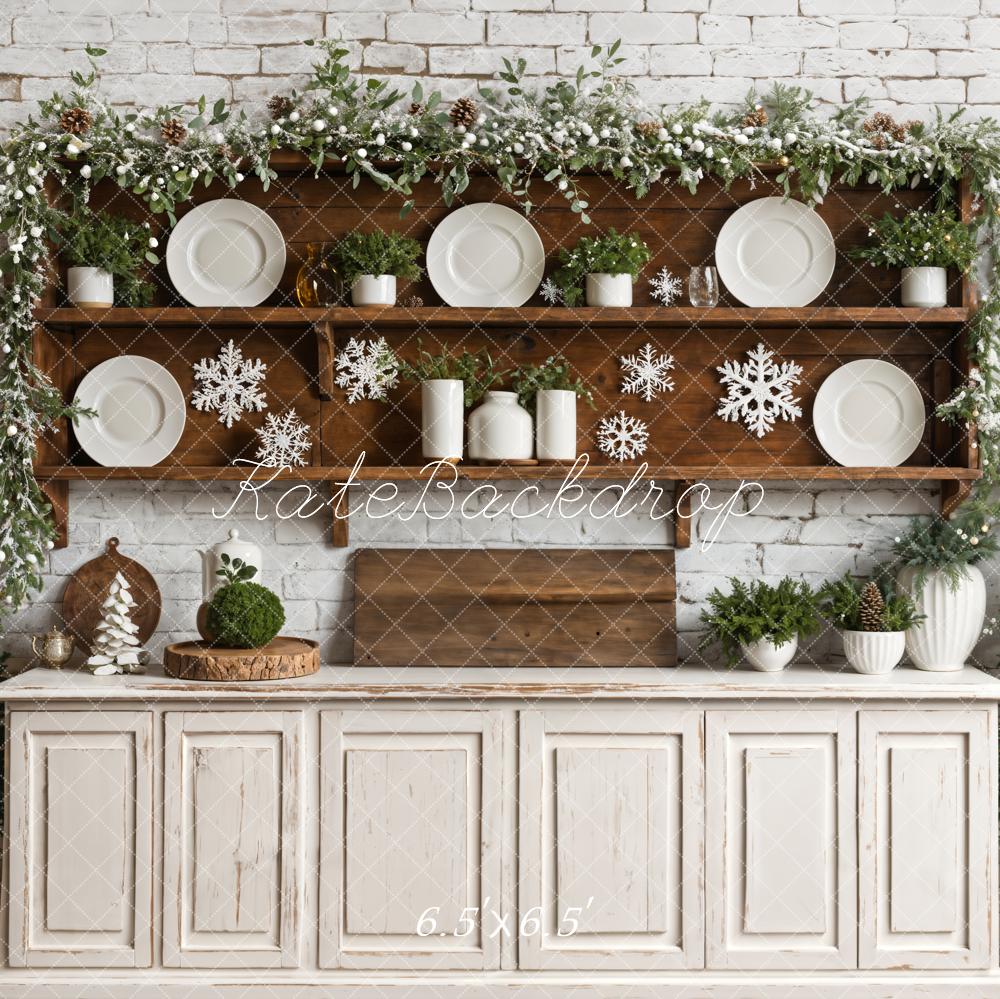 Kate Christmas White Retro Kitchen Brick Wall Backdrop Designed by Emetselch