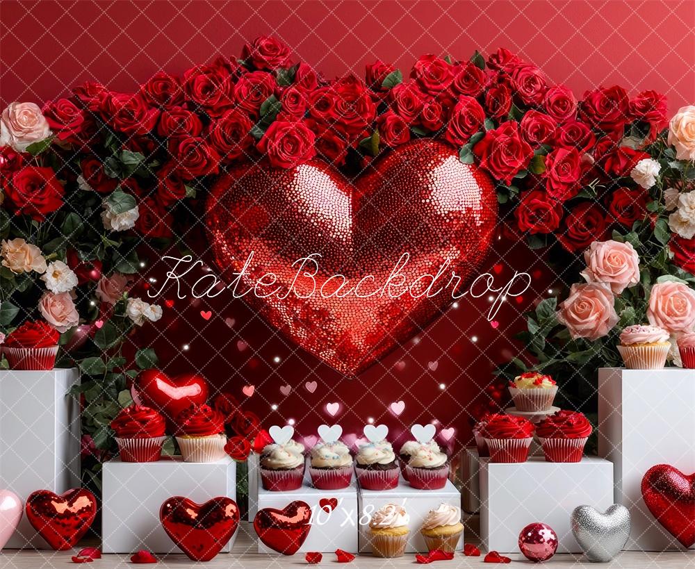 Fondo de Corazón Rojo Disco con Rosas Diseñado por Mini MakeBelieve