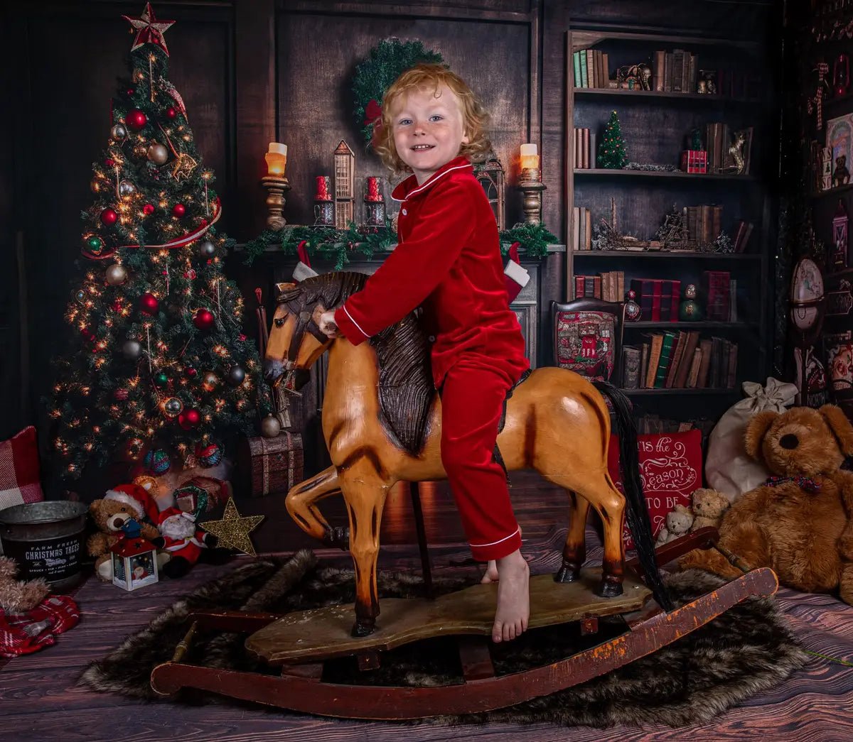 Retro Albero di Natale Camino Babbo Natale Casa Calda Libro Sfondo per Fotografia